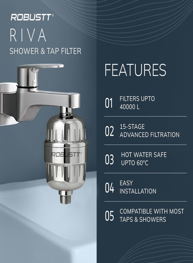 روبوست فلتر ريفا القوي ذو 15 مرحلة للدش/الحنفية ومنقي المياه للمنزل (فضي) | يقلل من تساقط الشعر وجفاف الجلد وتراكم الترسبات الكلسية | فلتر للمياه العسرة للحنفية والدش والدش اليدوي | يتضمن طقمًا ودليل استخدام - Image 4